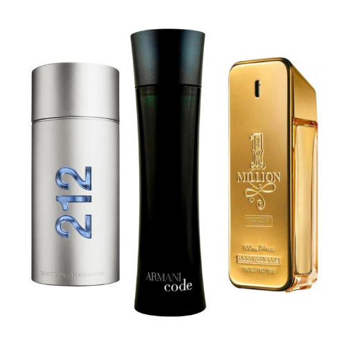 Conjunto com 3 Perfumes: 212 Men NYC, Paco Rabanne One Million, Armani Code Homme (Eau de Parfum)