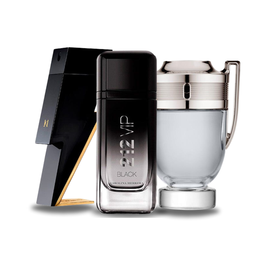 Conjunto com 3 Perfumes: Carolina Herrera BAD BOY, Carolina Herrera 212 VIP BLACK, Paco Rabanne INVICTUS (Eau de Parfum)